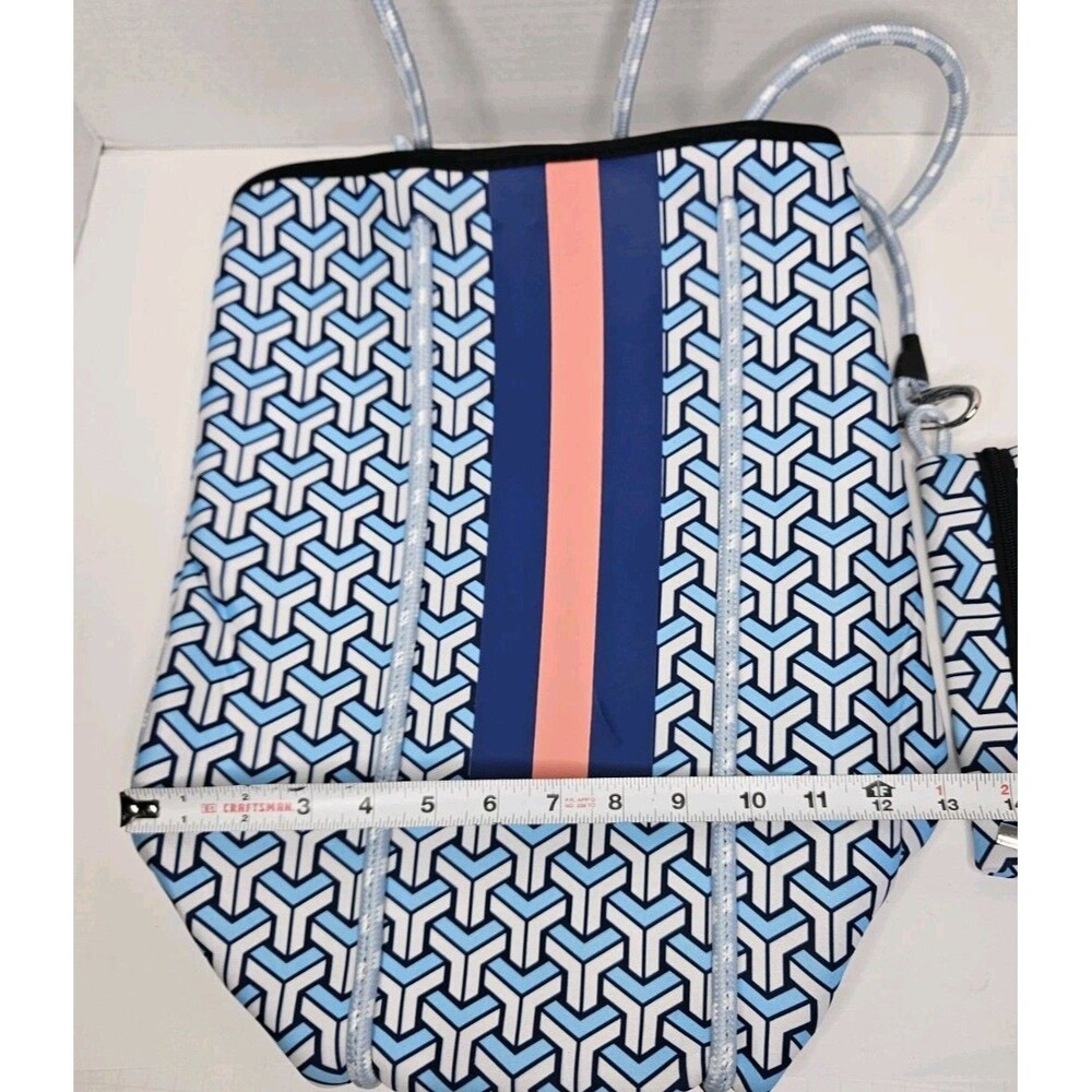 Neoprene Large Tote Bag With Zip Pouch Blue Geometric W KC Chic Designs Dust Bag - Picture 5 of 7